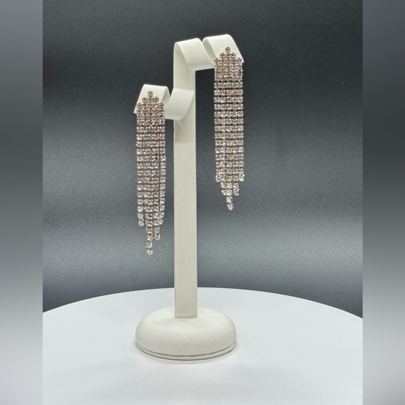 Long Crystal Tassel Post Earrings Made w/ Swarovski Crystals in Sterling Overlay - Picture 3 of 6